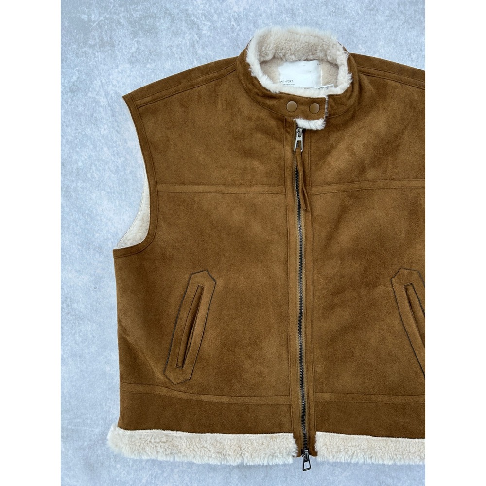 Oak + Fort Brown Faux Suede Shearling Lined Vest Mock Neck Women SZ S